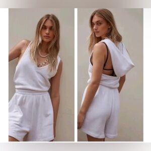 Free People Beach White sleeveless cotton Romper with hood